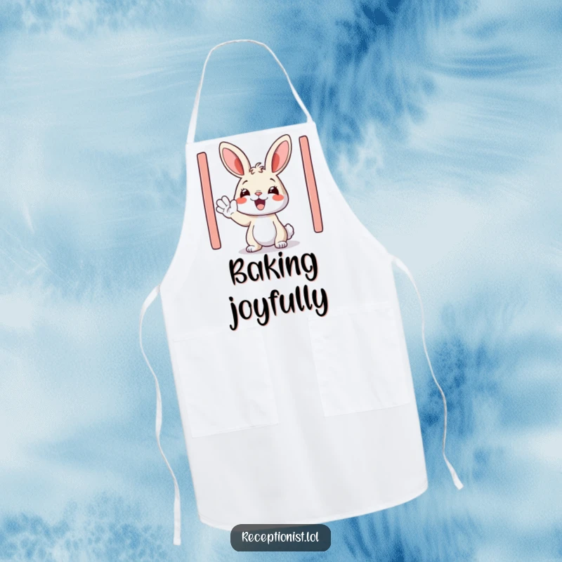 Funny apron with a happy bunny enthusiastically waving guests in, perfect for hosts who love humor and cuteness.