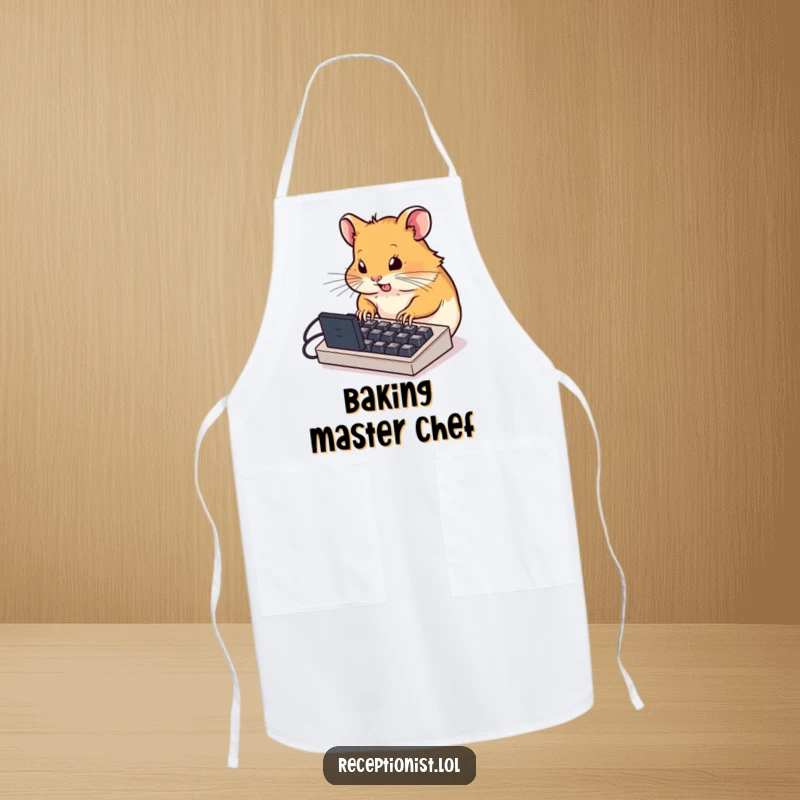 Funny determined hamster typing furiously on a miniature computer keyboard, durable kitchen apron, humorous cooking accessory for bakers.