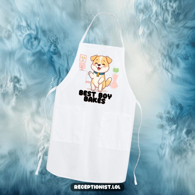 Funny dog receptionist apron, a happy dog wagging its tail, offering a comforting pat, kitchen wear, humorous for cooking.