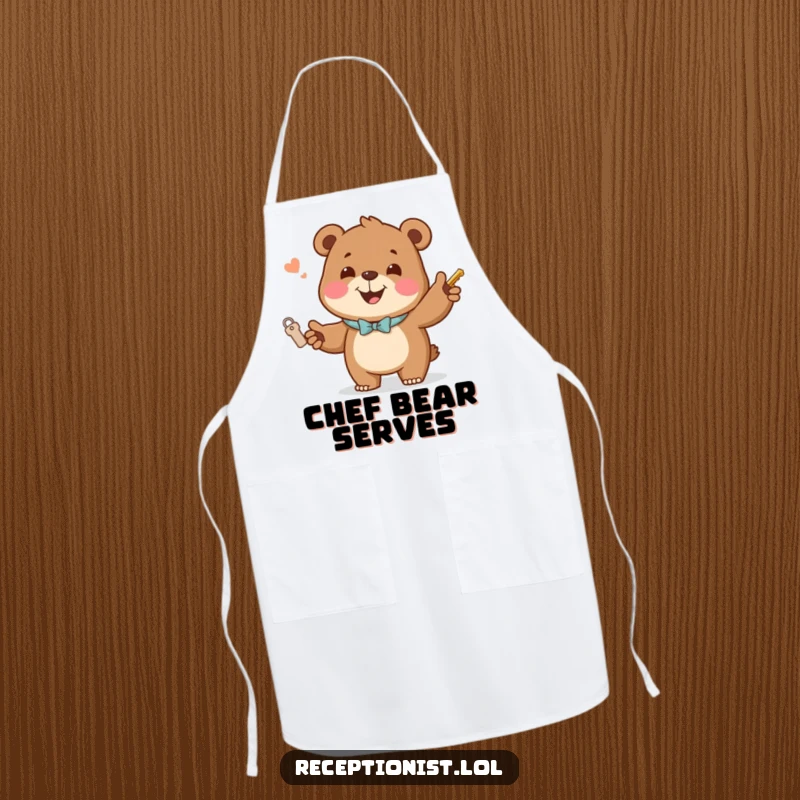 Funny Apron showing a jovial bear handing out room keys with a welcoming smile, humorous kitchen accessory for hosts.