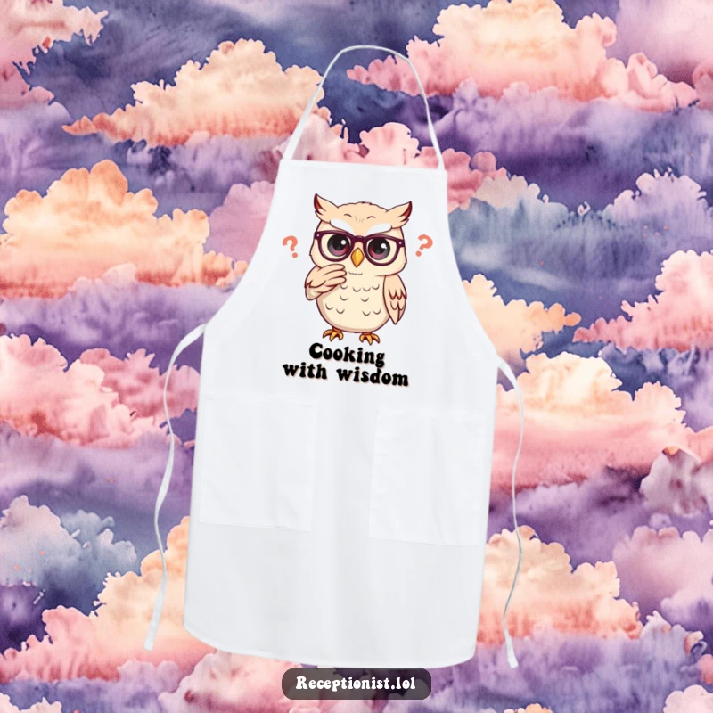 Funny owl adjusting glasses thoughtfully, perfect for a humorous kitchen apron.