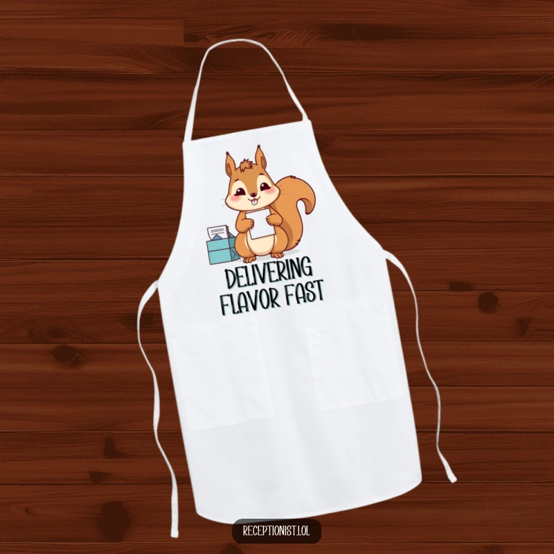 Funny Apron showing a diligent squirrel sorting mail with precision and a satisfied grin, humorous kitchen accessory for organizers.