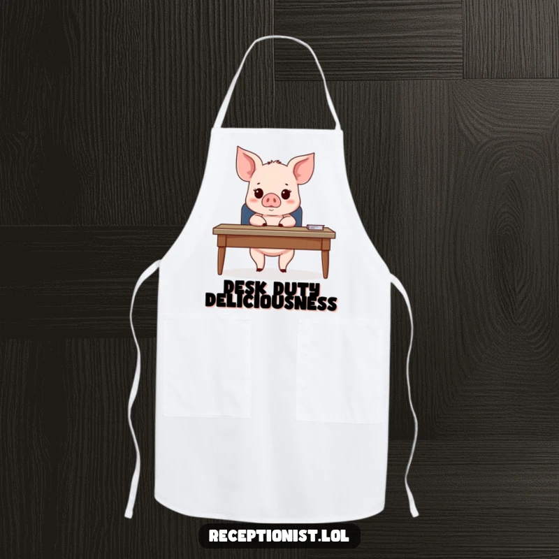 Funny Piglet Chef's Apron showing a cute piglet behind a desk, looking expectantly at an unseen guest, ideal for humorous kitchen activities.