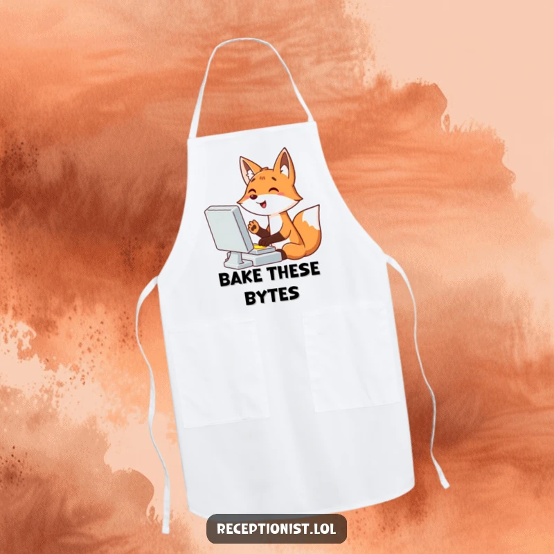 Funny cartoon fox typing at a computer in a chef's apron, paw hovering over a button, humorous kitchen wear, culinary tech joke.