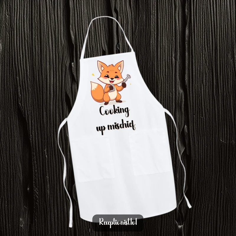 Funny apron with a determined fox mischievously juggling keys, perfect for chefs who love humor and cleverness.