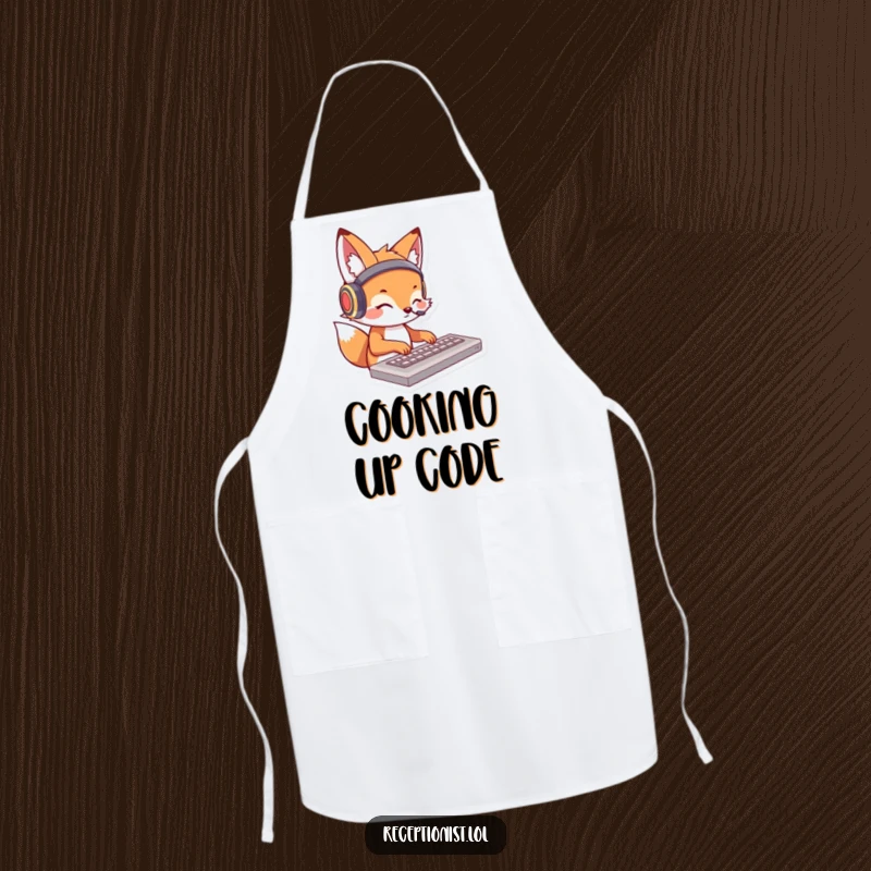 Funny fox apron with a charming cartoon fox wearing headphones and typing on a keyboard; a humorous cooking accessory.