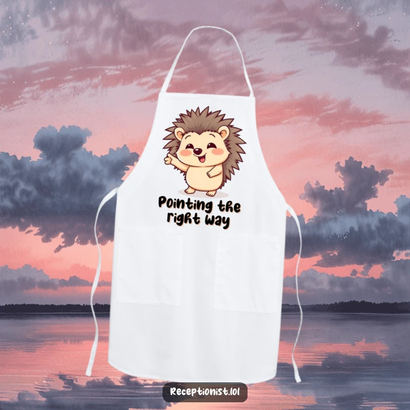 Funny apron with a giggling hedgehog character in a chef's hat, offering directions with a smile, for kitchen fun.