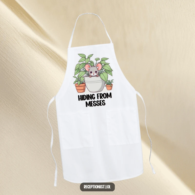 Funny apron showcasing a shy mouse character hiding behind a large potted plant, perfect for gentle kitchen encounters.