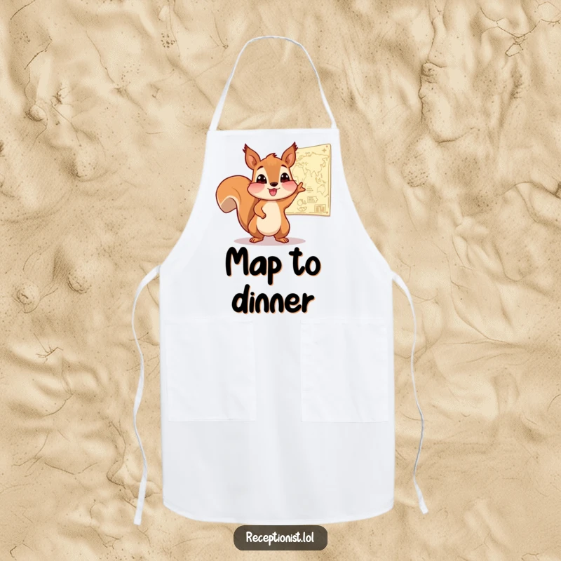 Funny Squirrel Chef Apron showing an enthusiastic squirrel pointing to a map on the wall, ideal for humorous culinary adventures.