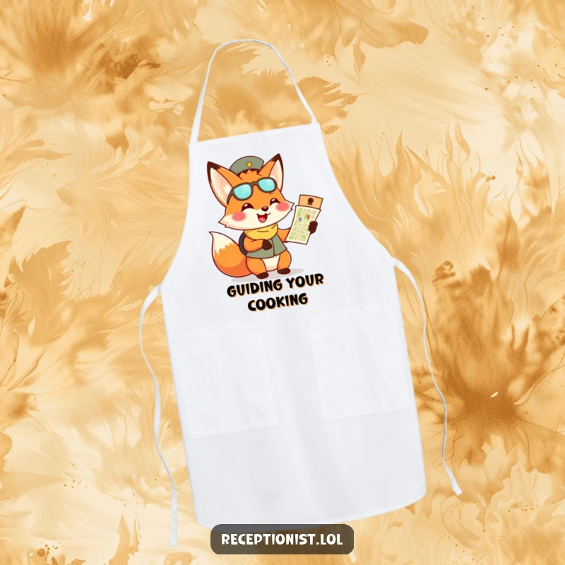 Funny fox receptionist apron, kitchen wear with a smiling fox offering a map, great for cooks.