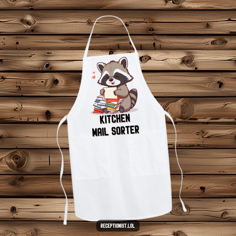 Funny Raccoon Chef Apron showing a playful raccoon sorting colorful mail with a cheerful hum, ideal for humorous kitchen organization.