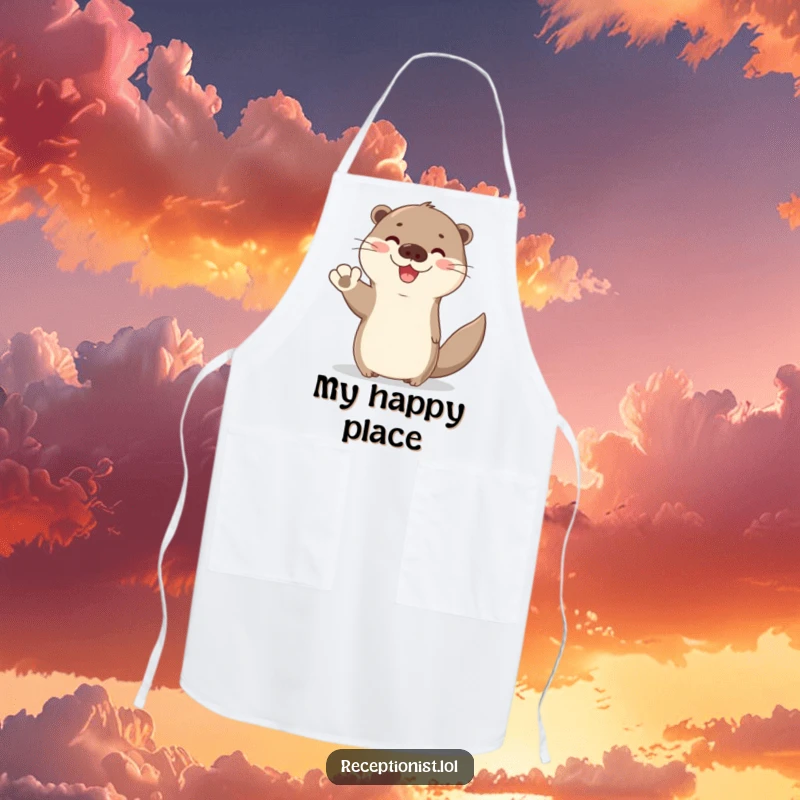 Funny Otter Chef Apron showing a cute otter waving hello with a bright, friendly expression, ideal for humorous kitchen greetings.