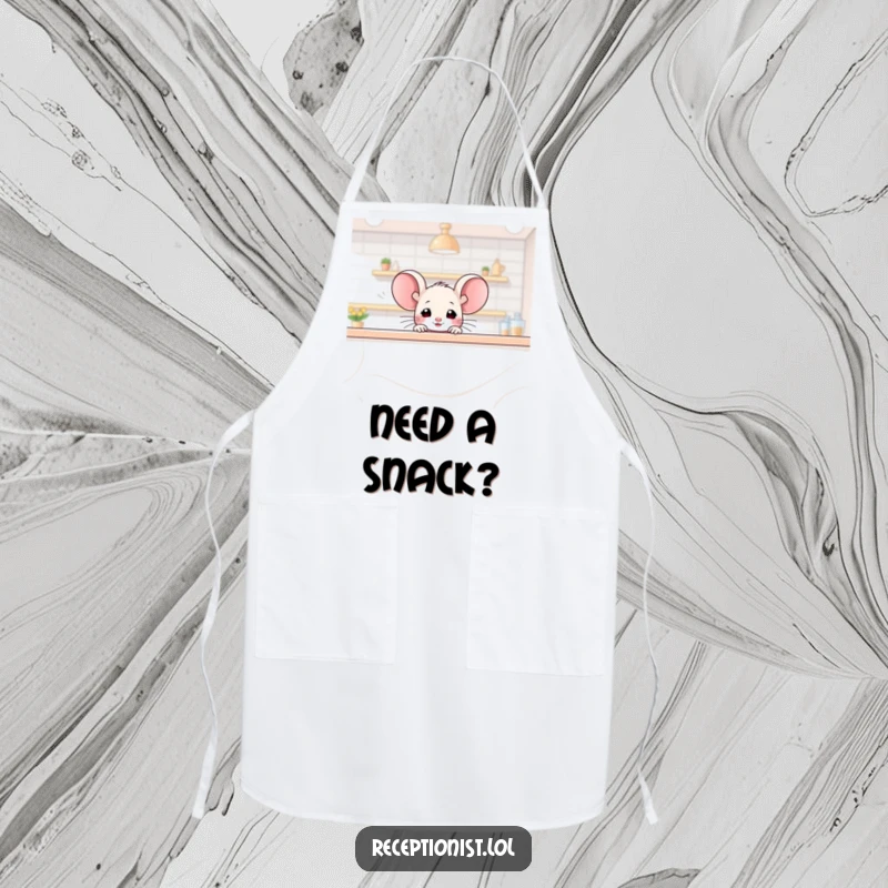 Funny mouse apron, a tiny mouse character peeking over a large counter with a friendly glimmer, adding humor to cooking.