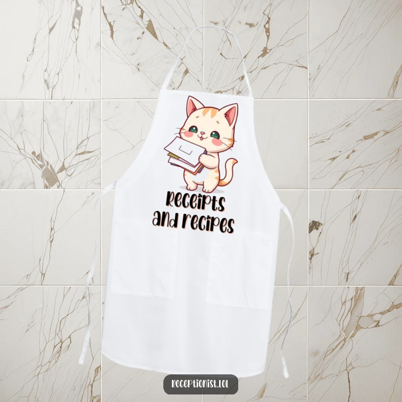 Funny Cat Mail Carrier Apron showing a curious cat holding a stack of mail, ready to serve food.