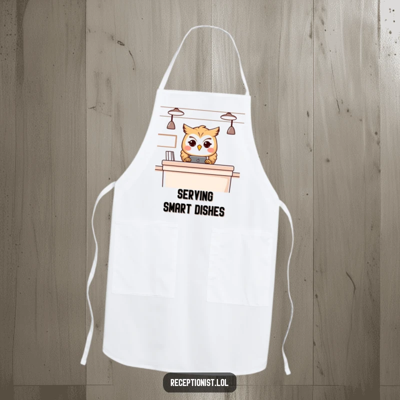 Funny owl receptionist apron, kitchen attire featuring a knowledgeable owl, ideal for the culinary-minded.