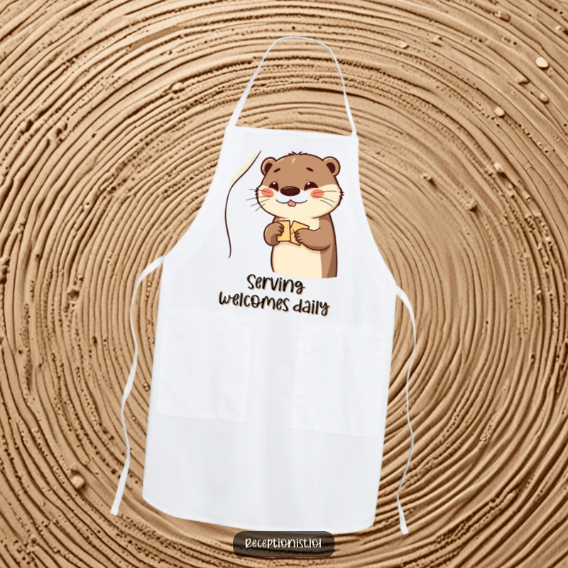 Funny otter winking while holding a welcome packet, perfect for a humorous kitchen apron.