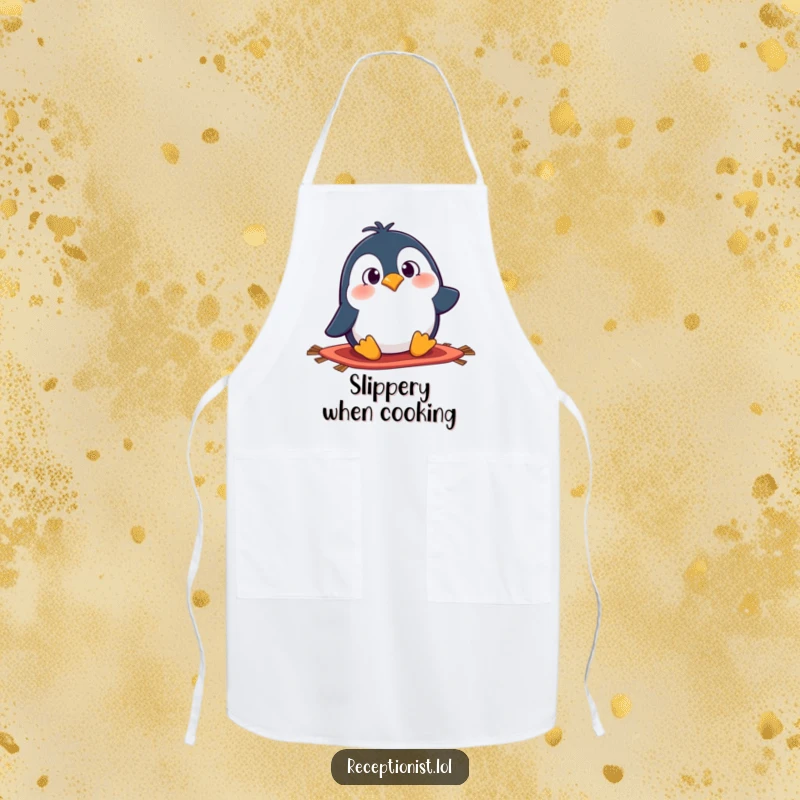 Funny penguin apron featuring a surprised cartoon character tripping over a rug while cooking, a hilarious kitchen accessory.