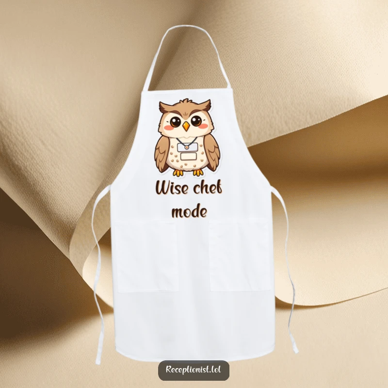 Funny owl apron featuring a proud, smiling bird with a name badge, perfect for a humorous kitchen gift.