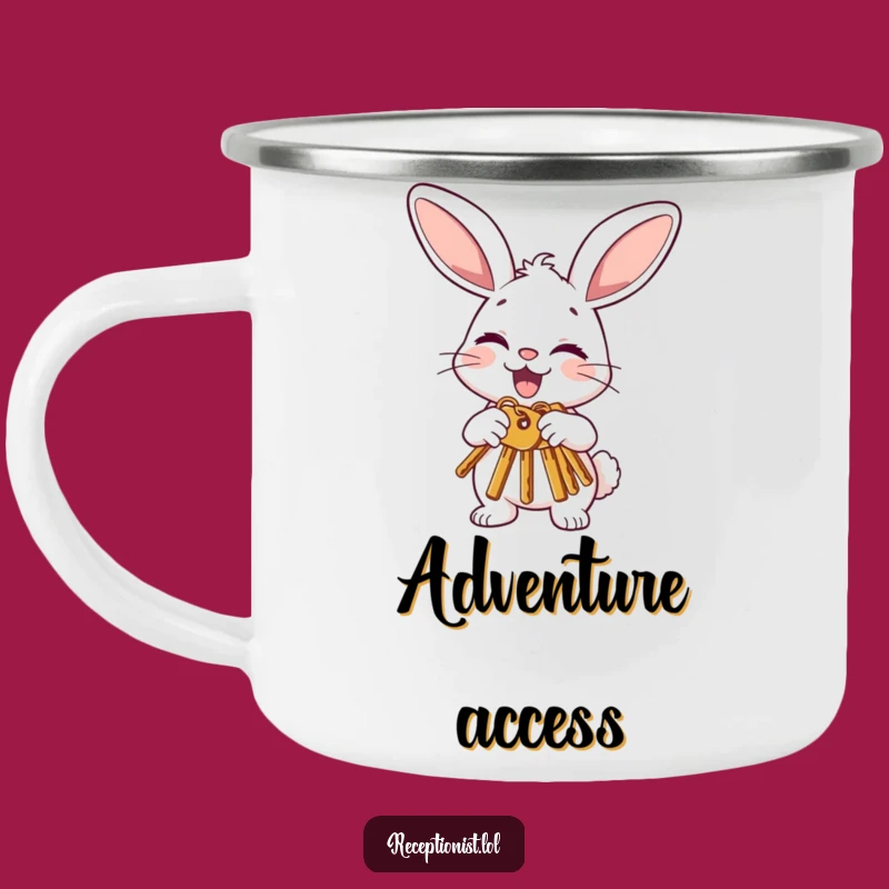 Funny Bunny Offering Keys Camping Mug: Lucky Sips on Your Adventures
