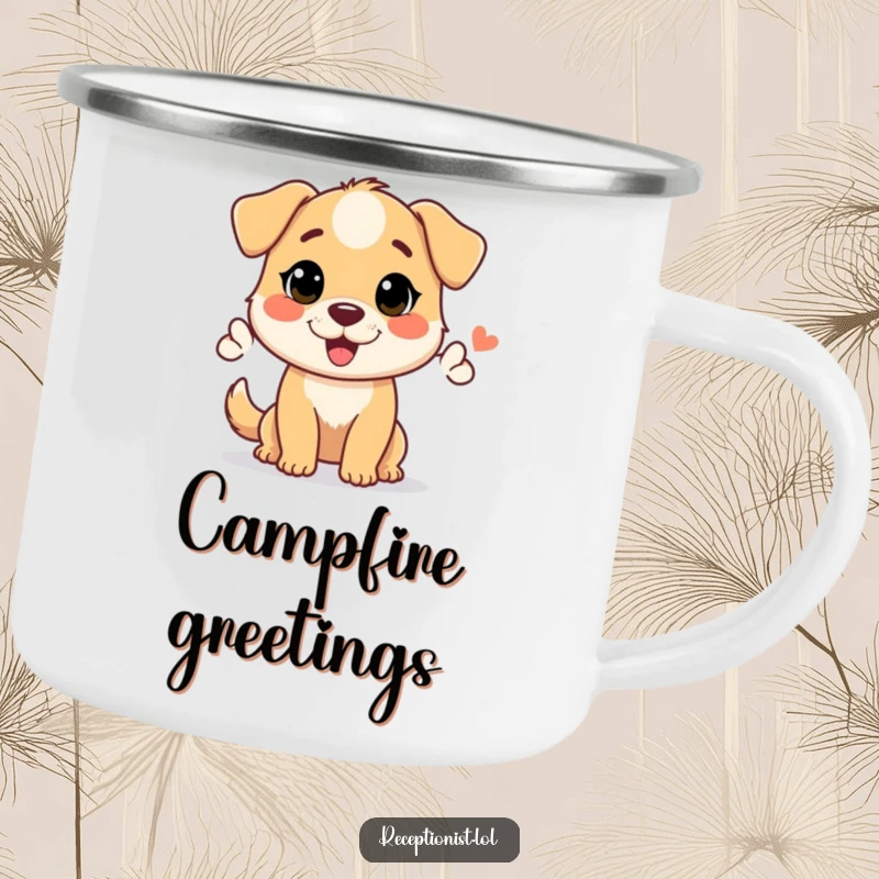 Funny enamel camping mug featuring a helpful dog character giving a welcoming nod, perfect for outdoor enthusiasts.