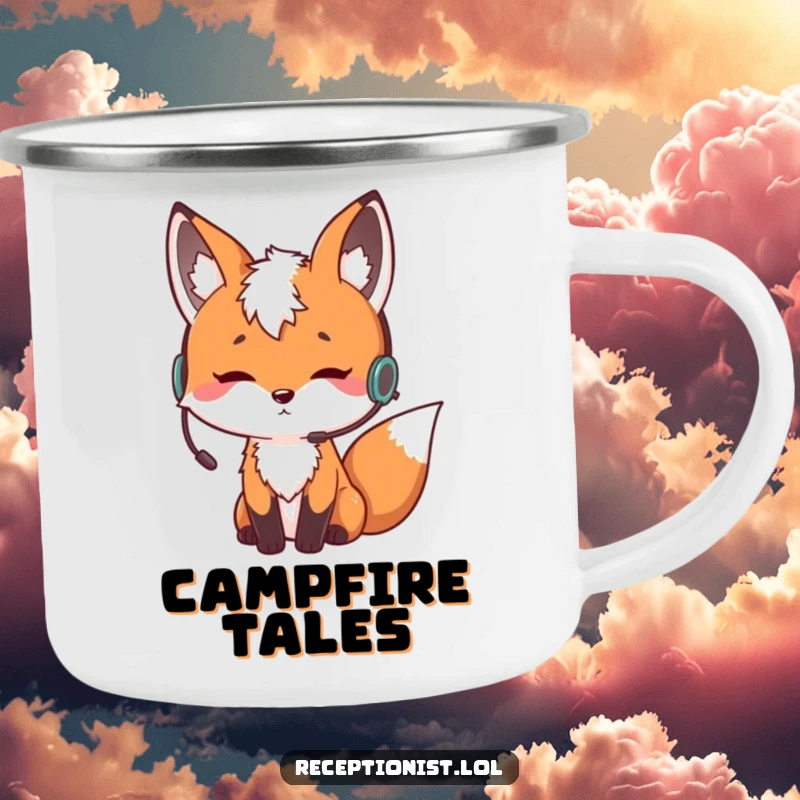 Funny curious fox wearing an earpiece and nodding thoughtfully, enamel camping mug, humorous drinkware for outdoor explorers.