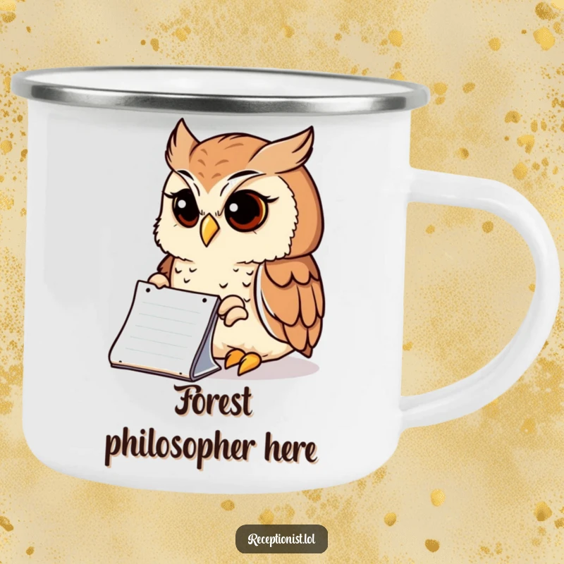 Funny Camping Mug with a wise owl peering intently at a notepad with a serene expression, durable and humorous for outdoor thinkers.