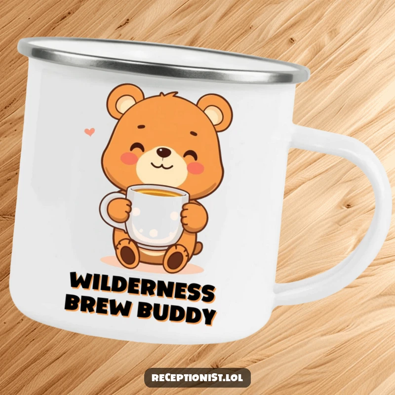 Funny bear camping mug with a smiling character offering a warm cup of tea, ideal for outdoor adventures and cozy drinks.