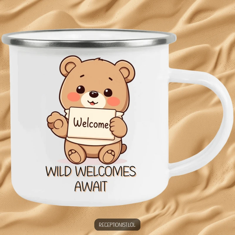 Funny smiling bear, offering a pamphlet, on a rugged camping mug, for humorous outdoor greetings and warmth.