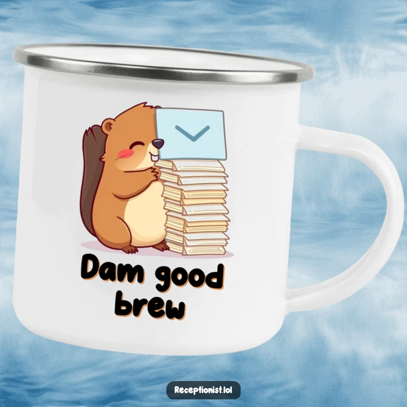 Funny beaver, ready for adventure, holding a camping mug, symbolizing organized efficiency in the great outdoors.