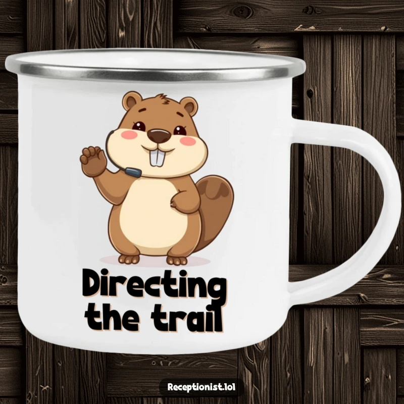 Funny beaver camping mug, directing guests outdoors, headset on, durable adventure gear, ideal for campers.