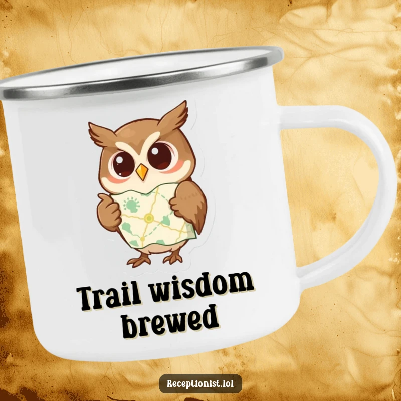 Funny camping mug with a curious owl pointing to a map with a wise expression, designed for adventurers who appreciate wisdom and humor.