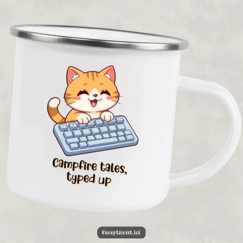 Funny cat typing on a large keyboard, printed on a rugged camping mug for outdoor enthusiasts.