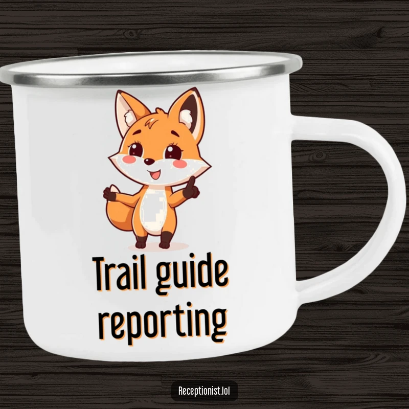 Funny fox guide camping mug, pointing the way with a cheerful grin, perfect for outdoor adventures.