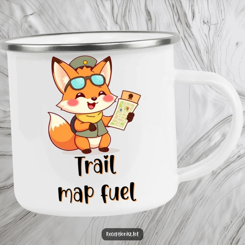 Funny fox receptionist camping mug, durable cup showing a grinning fox with a map, for outdoor enthusiasts.