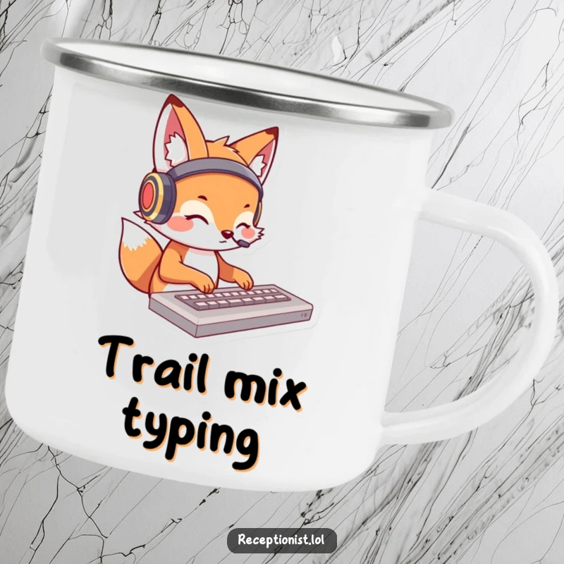 Funny fox camping mug with a charming cartoon fox wearing headphones, typing on a keyboard; durable and humorous for outdoor use.