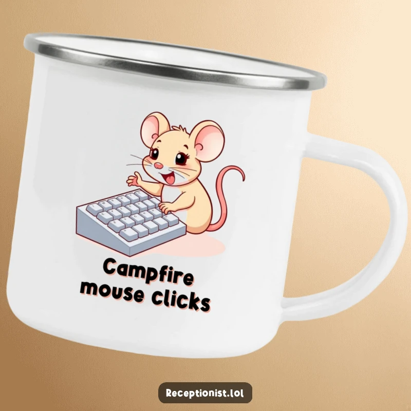 Funny camping mug of a cheerful mouse enthusiastically pressing large computer keyboard buttons with tiny paws, for tech lovers.