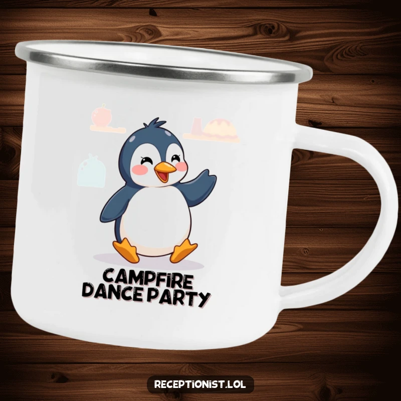 Funny penguin doing a greeting dance, on a sturdy enamel camping mug.
