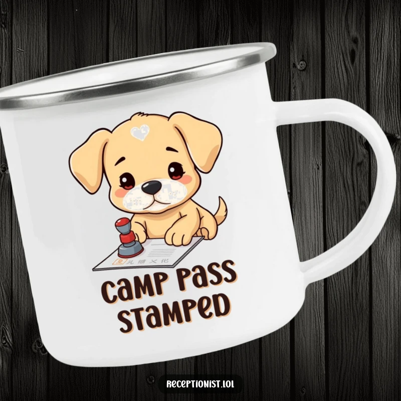 Funny puppy stamp camping mug, focused on stamping a document, perfect for outdoor use with official charm.