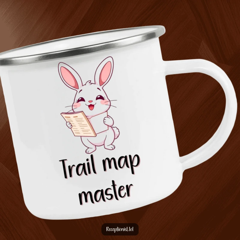 Funny cartoon rabbit holding a directory, smiling helpfully, durable enamel camping mug, humorous outdoor gear.