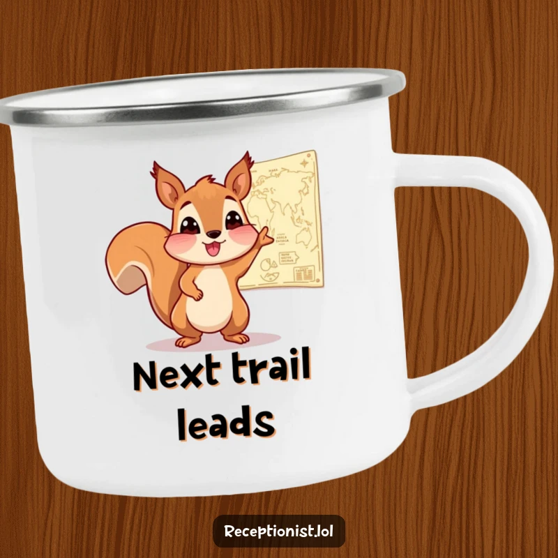 Funny Squirrel Explorer Mug showing an enthusiastic squirrel pointing to a map on the wall, perfect for humorous outdoor enjoyment.