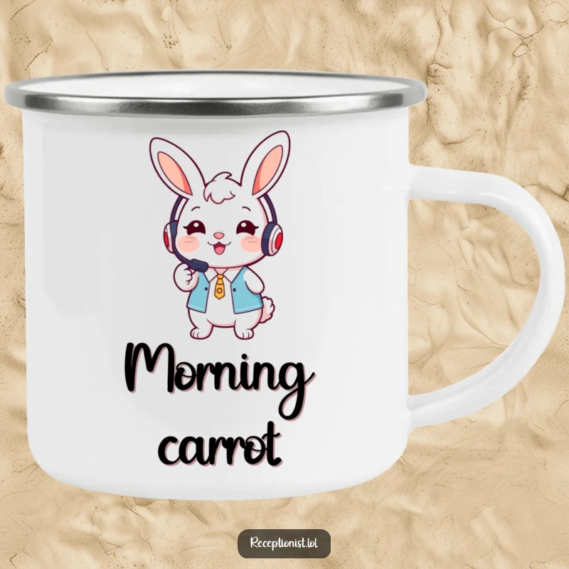 Funny cute bunny receptionist wearing a headset, smiling warmly and pointing forward on a camping mug.