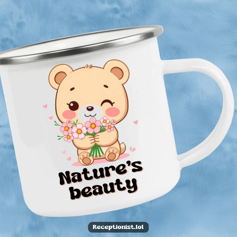 Funny bear cub camping mug showing a sweet character holding a bouquet of flowers with a gentle smile, perfect for outdoor enjoyment and spreading love.
