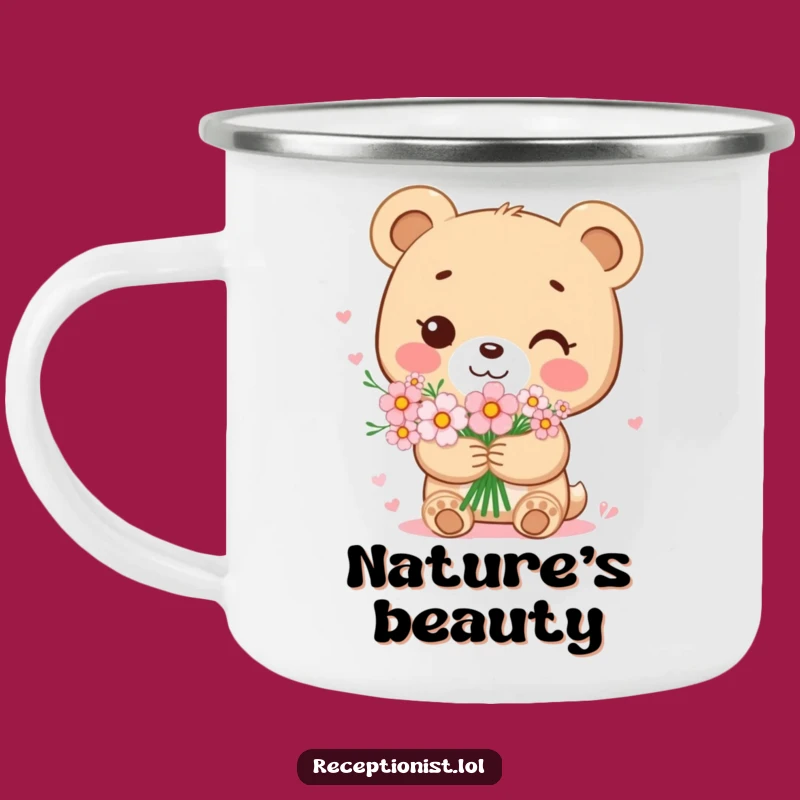 Funny Bear Cub Flower Bouquet Camping Mug: Sweet Sips on Outdoor Adventures
