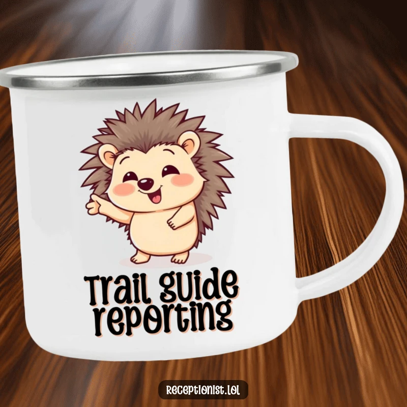 Funny enamel camping mug with a giggling hedgehog character happily directing, perfect for outdoor enthusiasts.
