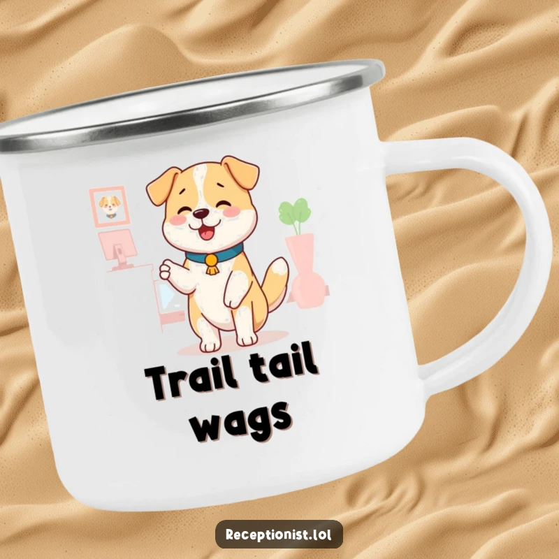 Funny dog receptionist camping mug, a happy dog wagging its tail, offering a comforting pat, durable, for outdoor adventures.