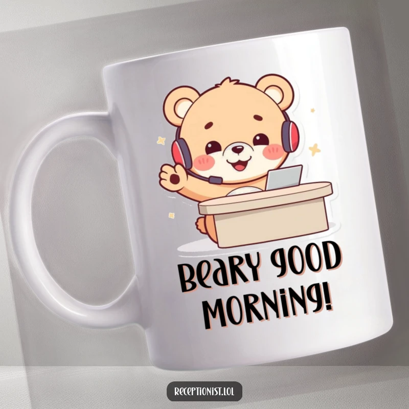 Funny bear receptionist mug showing a cheerful cartoon bear cub wearing a headset, beaming and gesturing towards a welcome desk.