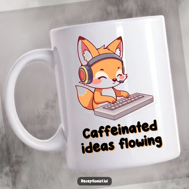 Funny fox mug with a charming cartoon fox wearing headphones and typing furiously on a keyboard; a tech humor gift.
