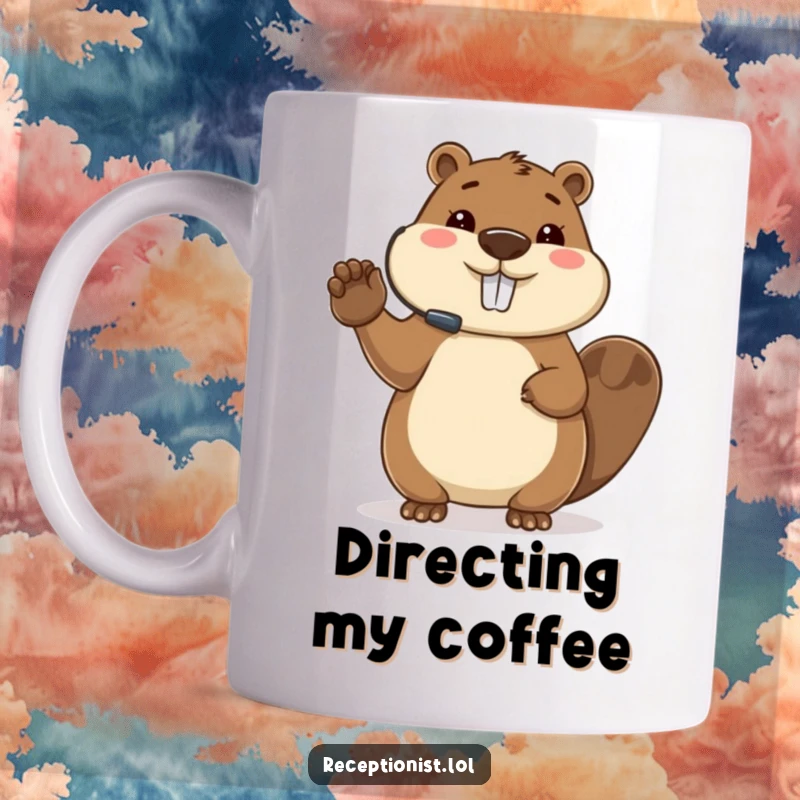 Funny beaver host mug, wearing headset, directing guests with paw, busy organizer, perfect gift for event planners.