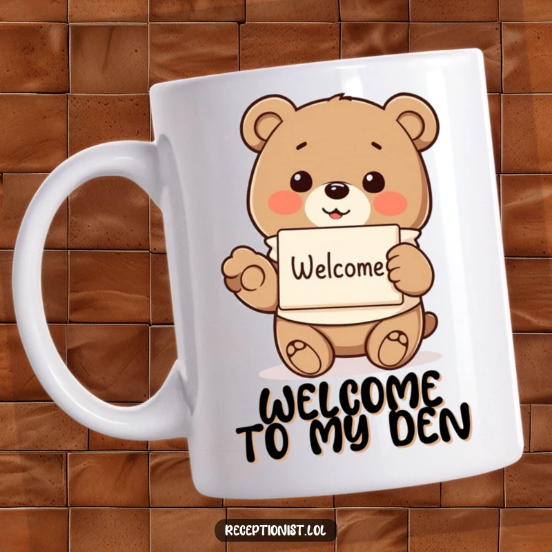Funny smiling bear in a smock, offering a pamphlet with a gentle paw, on a mug, conveying a humorous and friendly welcome.