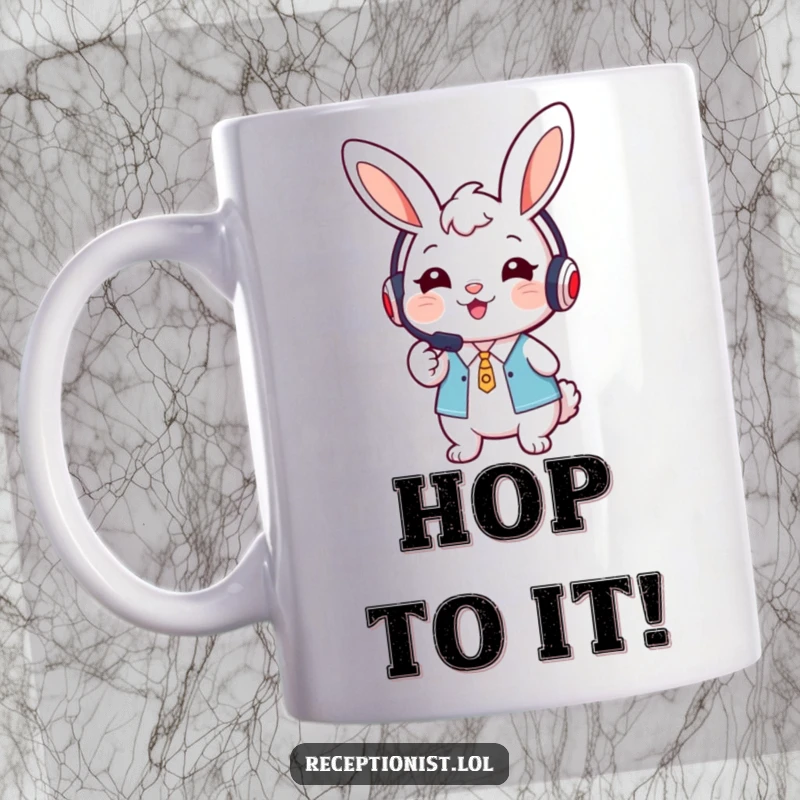Funny cute bunny receptionist wearing a headset, smiling warmly and pointing forward on a mug.